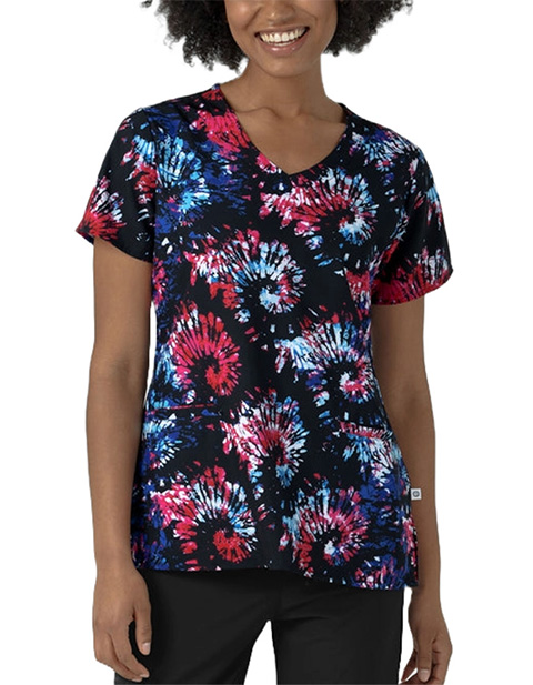 WonderWink Women's V-Neck Border Freedom Sparkle Black Print Scrub Top