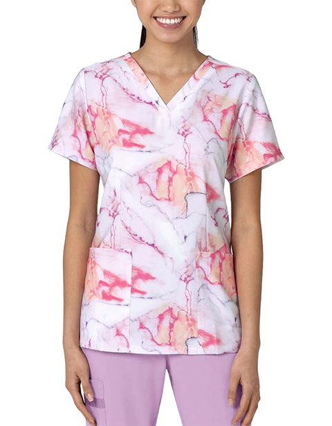 WonderWink Women's Fitted V-Neck Print Scrub Top in Ink Drop