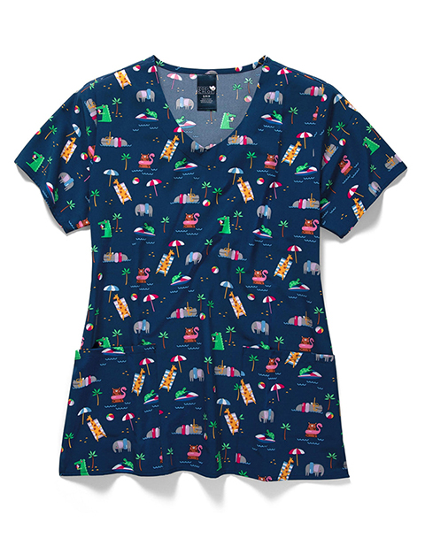 Zoe + Chloe Performance Women's V-Neck Print Scrub Top In SAFARI SPLASH