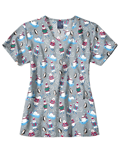 Zoe+Chloe Women's  Performance V-Neck Print Scrub Top in Tis The Skison
