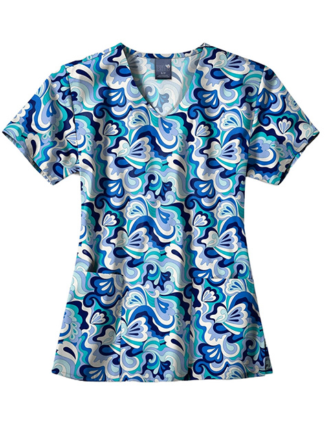 Zoe+Chloe Women's  Performance V-Neck Print Scrub Top in Wavy Paisley