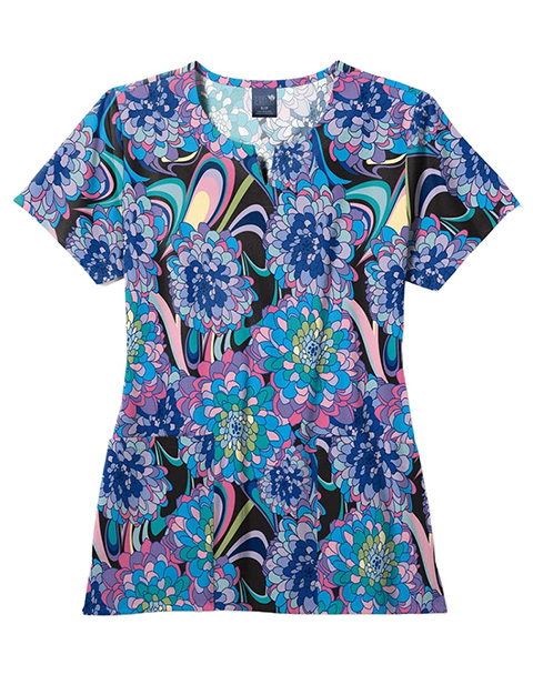 Zoe+Chloe Performance Women's Notch Neck Print Scrub Top in Disco Floral