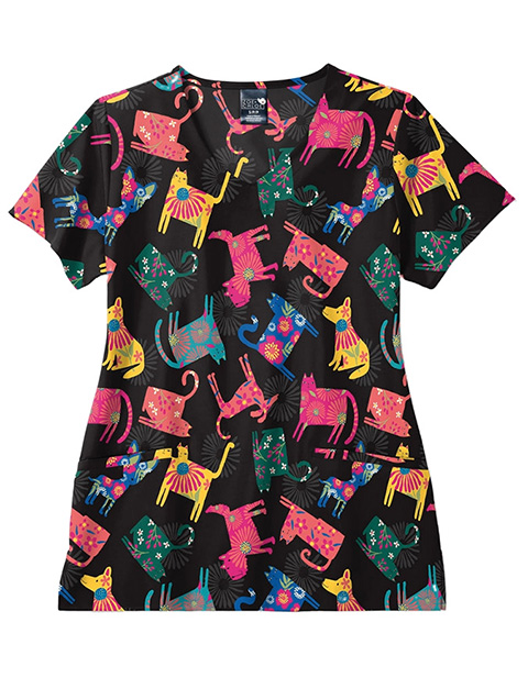 Zoe and Chloe Women's V-Neck Pawsitive Vibes Print Scrub Top